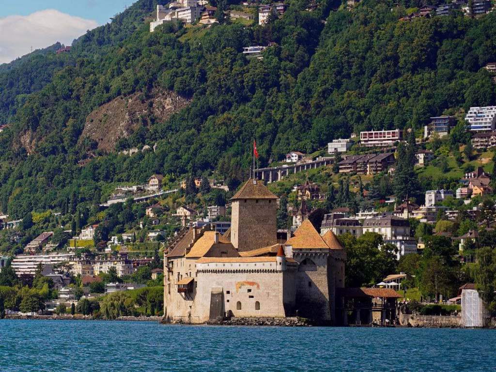 Chillon Castle by Lake Geneva in Switzerland